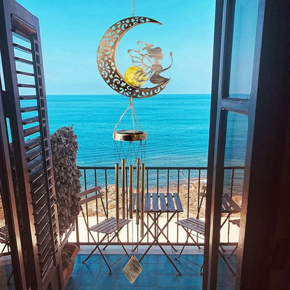 Solar Wind Chimes Moon Fairy Hanging Outdoor Decor Crackle Glass Ball Warm Memorial Wind Chimes Light Patio Lawn Yard Gardening Gifts Birthday Gifts for mom for Grandma Gifts Christmas Decorations