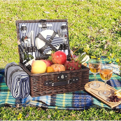 Picnic Basket for 4 Persons with Waterproof Picnic Blanket and Insulated Cooler, Large Wicker Picnic Basket for Camping, Outdoors, Valentine's Day, Christmas, Birthday, Wedding Gift
