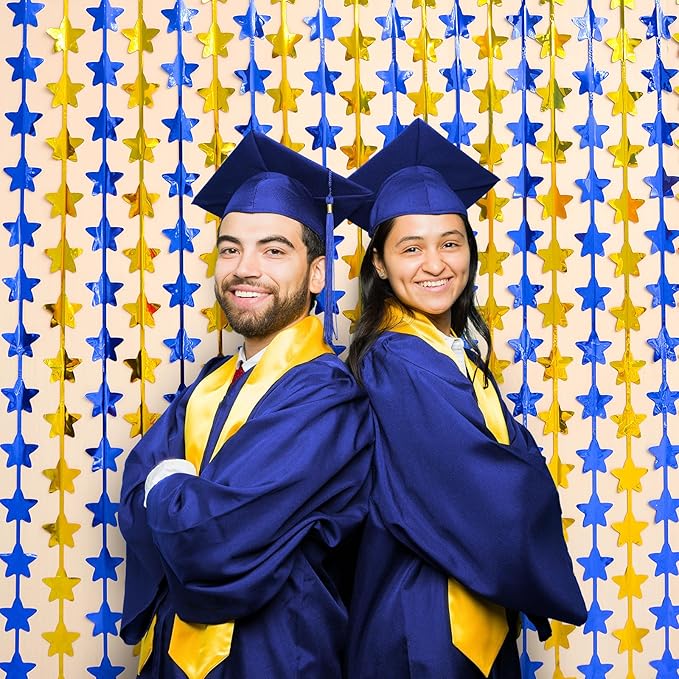 LOLStar 2 Pack Graduation Decoration 2025 3.3 x 6.6 ft Blue Gold Star Each Foil Fringe Tinsel Curtains Backdrop, Navy Blue and Gold Star Streamers for Birthdays, Retirement, Bridal Showers, Banquet