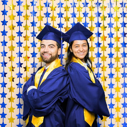 LOLStar 2 Pack Graduation Decoration 2025 3.3 x 6.6 ft Blue Gold Star Each Foil Fringe Tinsel Curtains Backdrop, Navy Blue and Gold Star Streamers for Birthdays, Retirement, Bridal Showers, Banquet