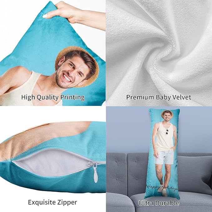 Easycosy Custom Pillow with Picture & Text, Two-Sides Velvet Customized Photo Pillowcase, 20"x60" Personalized Pillowcover with Photo, Custom Love Keepsake Gifts (No Pillow Insert)