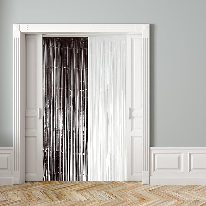 2 Pack Black & White Streamers Party Backdrop, 39"W x 78"L Modern Foil Fringe Curtains, Black & White, Holiday Theme