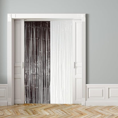 2 Pack Black & White Streamers Party Backdrop, 39"W x 78"L Modern Foil Fringe Curtains, Black & White, Holiday Theme