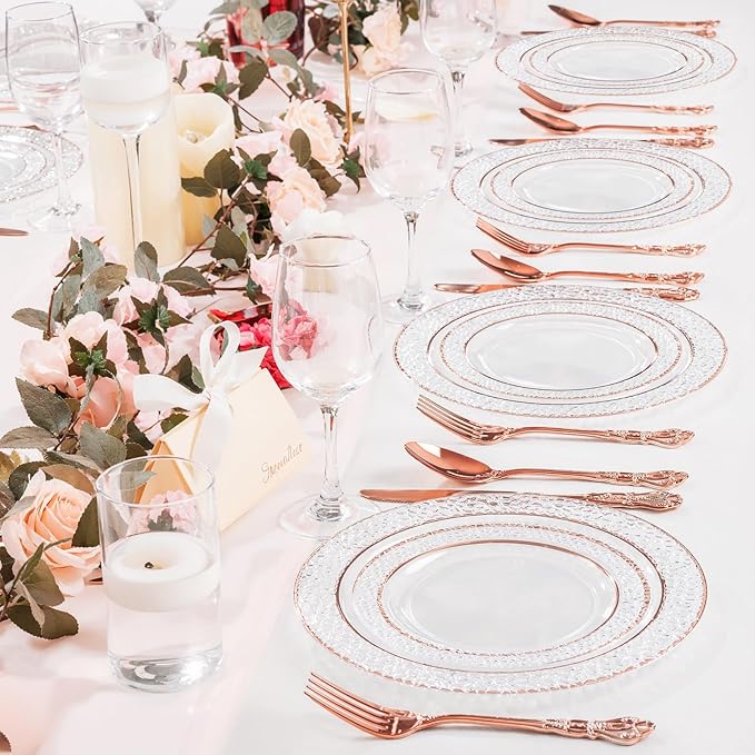 90 Pieces Rose Gold Plastic Silverware - Heavy Duty Disposable Utensils - Fancy Gold Plastic Cutlery Set Includes 30 Forks, 30 Spoons, 30 Knives for Dinner Parties Weddings
