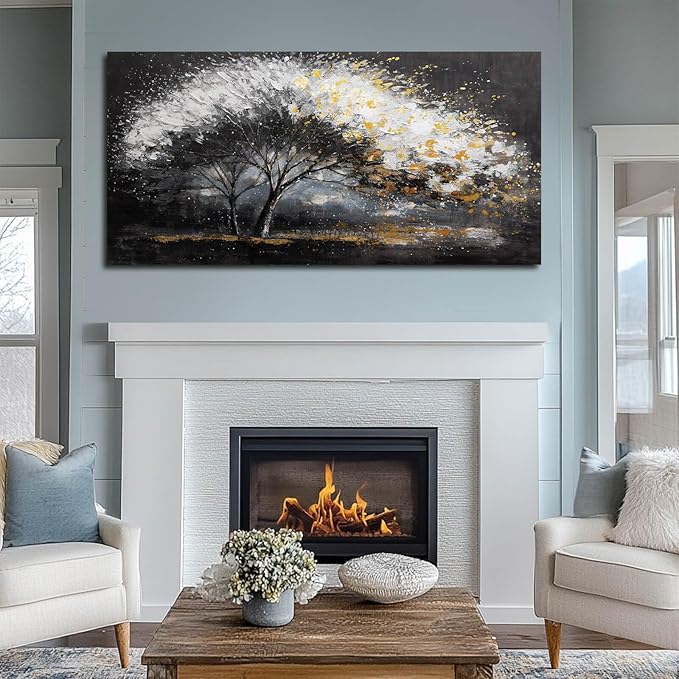 White and Gold Wall Art Tree Wall Decor Contemporary Landscape Canvas Art for Living Room Black Framed Wall Prints for Bedroom Office 24x48 Inch