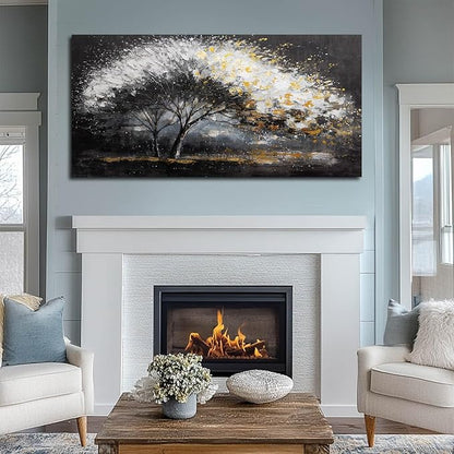 White and Gold Wall Art Tree Wall Decor Contemporary Landscape Canvas Art for Living Room Black Framed Wall Prints for Bedroom Office 24x48 Inch