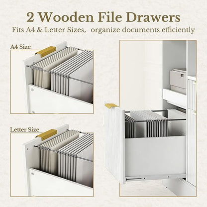 3 Drawer File Cabinet, Fluted Wood Lateral Filing Cabinet with Charging Station for Home Office, Fits for A4/Letter-Sized Files, Printer Stand with Open Storage Shelves, White