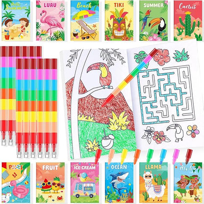 BenLouis 24 Summer Mini Coloring Books Kids with 24 Stacking Crayons Beach Pool Party Favors Activity Books Bulk for Kids Summer Birthday Goodie Bag Gift Stuffer Classroom Reward