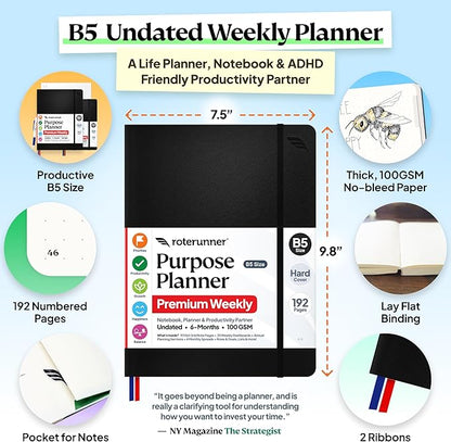 Purpose Planner Notebook B5 7.5”x9.8” Undated 2026 Daily Weekly and Monthly Productivity Goal Setting Tool for Work Home ADHD for Adults Self Care Journal