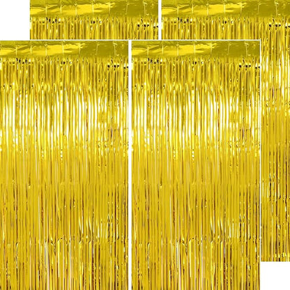 Christmas Decorations Thicken Gold Streamers, 4 Pack 3.2 x 8.2 FT Golden Tinsel Backdrop Curtains, Foil Fringe Photo Backdrop for Birthday, Prom, Hollywood, Anniversary Party Decorations