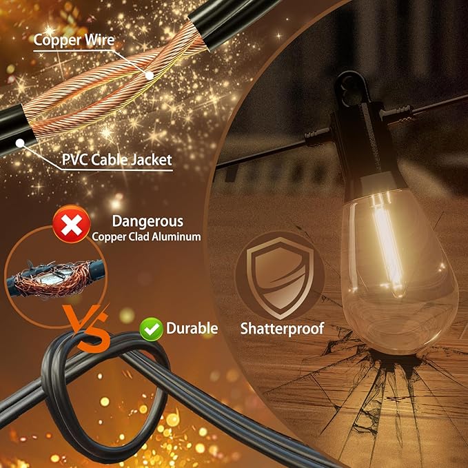Outdoor String LED Patio Lights - 50FT, IP65 Waterproof Outside Patio Lights with 16 (15+1) S14 LED Bulbs for Bistros Backyard Gazebo Porch Party, 2700K Warm White, 131 Strands Connectable