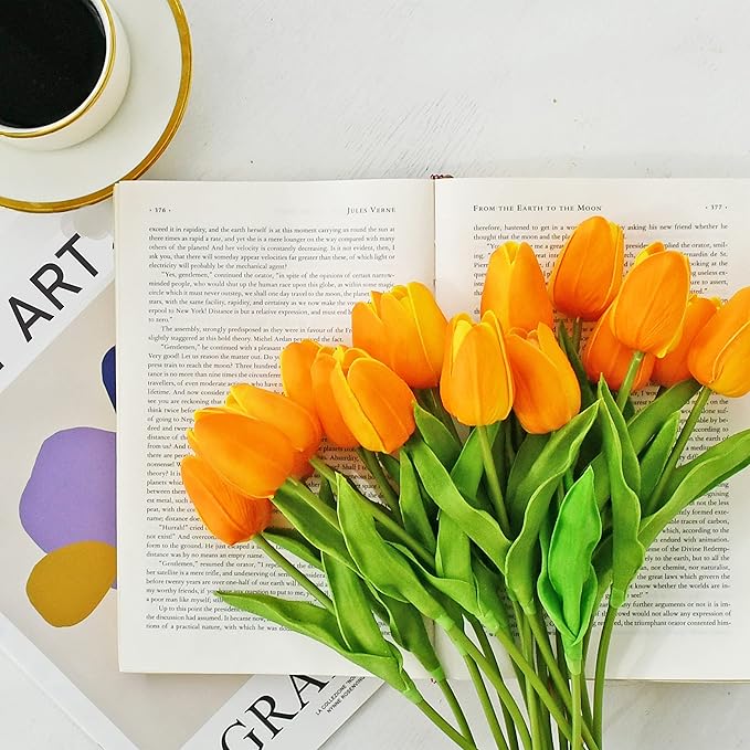 ONLY ART Artificial Orange Tulips 20 Pcs – 13.5 Inch PU Faux Flowers with Bendable Stems for Home Décor, Wedding Centerpieces, DIY Floral Arrangements, Table Decorations