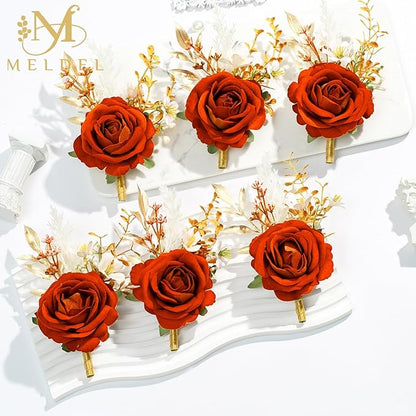 Meldel Burnt Orange Wrist Corsage and Boutonniere Set, Flower On Wrist for Bride Bridesmaid Wedding, Boutonniere for Men Groom Groomsman Wedding Accessories Prom Party Suit Decorations