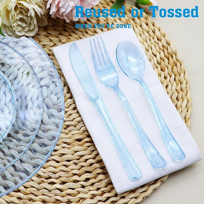 150 Pack Blue Plastic Silverware, Blue Glitter Silverware Plastic Utensils Set Includes 50 Forks, 50 Knives, 50 Spoons for Brithday, Baby Shower, Picnic