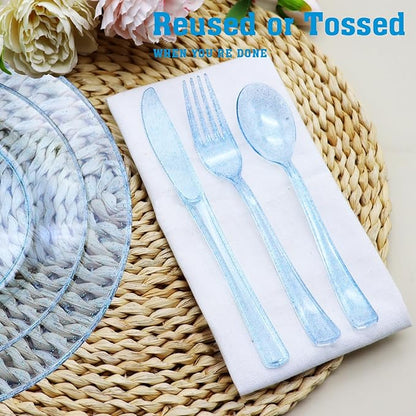 150 Pack Blue Plastic Silverware, Blue Glitter Silverware Plastic Utensils Set Includes 50 Forks, 50 Knives, 50 Spoons for Brithday, Baby Shower, Picnic