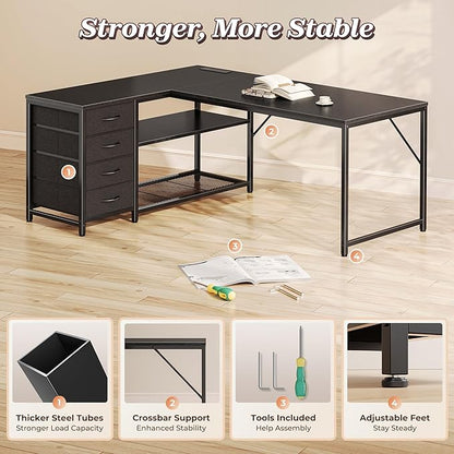 PRAISUN 53" L Shaped Desk with Power Outlets and USB-C Port, Reversible Computer Corner Office Desk with 4 Fabric Drawers and 2 Height-Adjustable Shelves, Large for Gaming Writing Work Study, Black