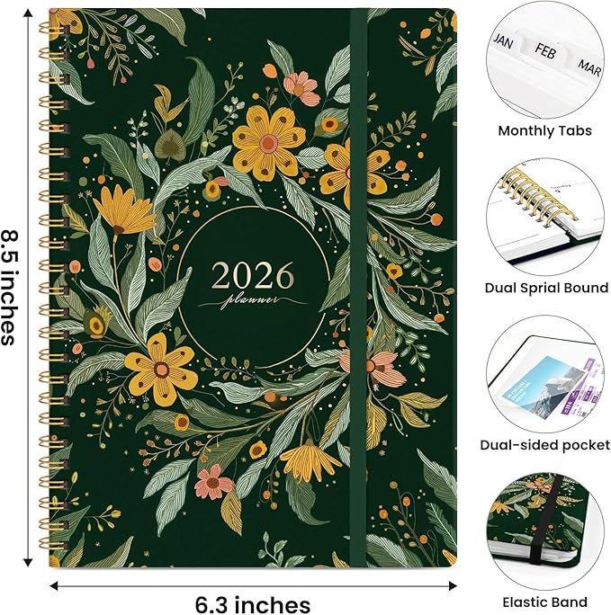 2026 Planner, Weekly and Monthly Planner for Women, Jan 2026 - Dec 2026 Pretty 2026 Calendar Planner with Monthly Tabs, Inner Pocket, Spiral Binding, Perfect for Office Home School - 6.3" x 8.5", Golden Wreath