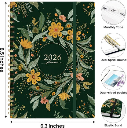2026 Planner, Weekly and Monthly Planner for Women, Jan 2026 - Dec 2026 Pretty 2026 Calendar Planner with Monthly Tabs, Inner Pocket, Spiral Binding, Perfect for Office Home School - 6.3" x 8.5", Golden Wreath