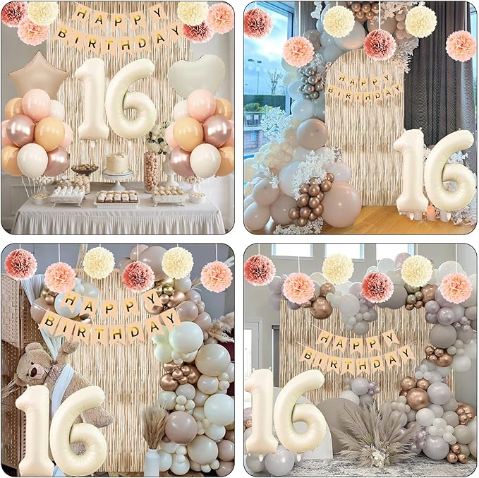 Beige 16th Birthday Decorations Girls Boys Cream Number 16 Balloon Nude Gold Happy Birthday Banner Fringe Curtain Paper Pom Poms Blush White Sand Champagne Star Foil Balloons Neutral Boho Party Decor