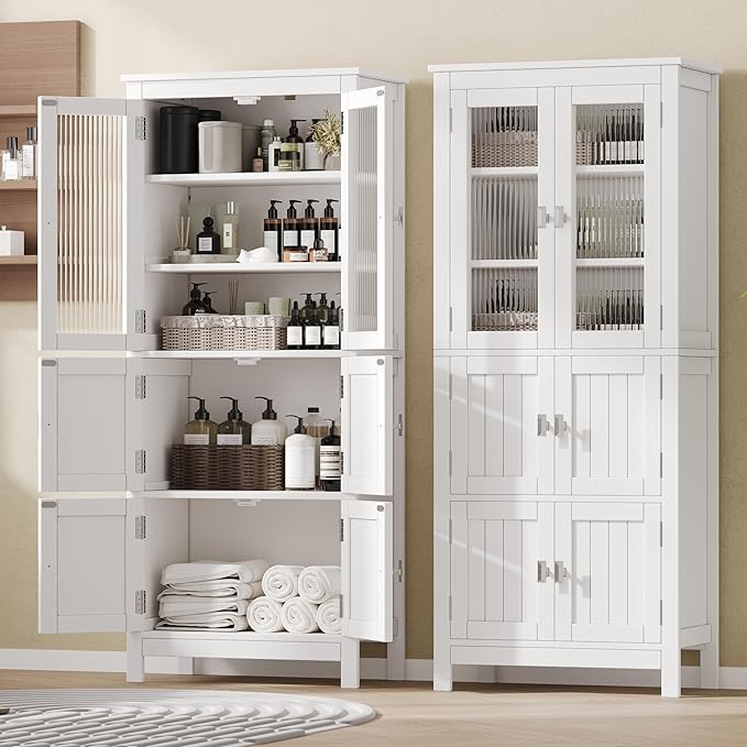 53.1" H Tall Bathroom Storage Cabinet, Bathroom Floor Cabinet with 6 Doors and Adjustable Shlef, Linen Cabinet, Pantry Cabinet for Living Room, Kitchen, Entryway, White