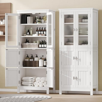 53.1" H Tall Bathroom Storage Cabinet, Bathroom Floor Cabinet with 6 Doors and Adjustable Shlef, Linen Cabinet, Pantry Cabinet for Living Room, Kitchen, Entryway, White