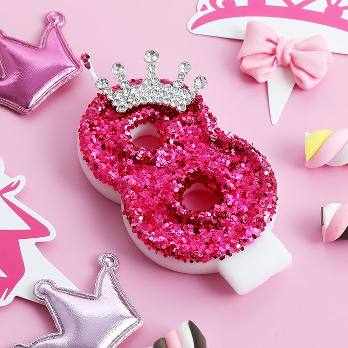 Hot Pink Birthday Candles Crown Number 8 Candle 8th Birthday Party Decorations Cake Topper Cupcake Decor for Anniversary Celebrations Supplies