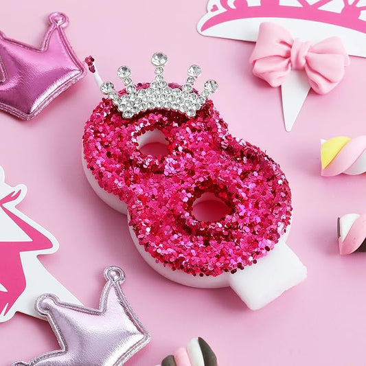 Hot Pink Birthday Candles Crown Number 8 Candle 8th Birthday Party Decorations Cake Topper Cupcake Decor for Anniversary Celebrations Supplies