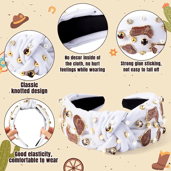 PANTIDE Western Jeweled Knotted Headband - Brown Cowgirl boots Hat Rhinestone Crystal Embellished Headband Wide Top Knot Fashion Hairband Hair Accessories Birthday Gift for Cowboy Women Girls (White)