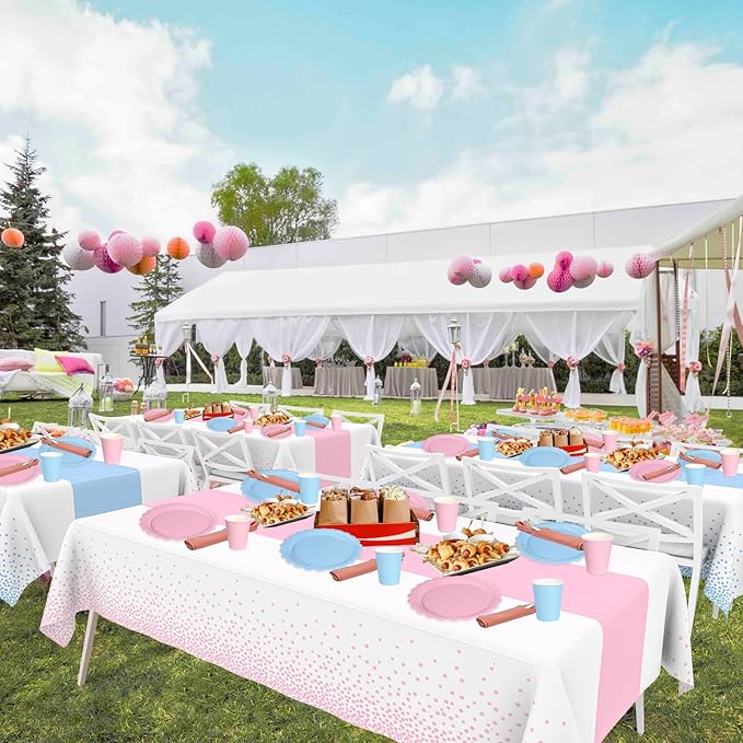 WNINK 4 Pack Pink and Blue Tablecloths, Gender Reveal Disposable Plastic Waterproof Table Cover for Boy or Girl Gender Reveal Party, Baby Shower, Birthday Party Decorations 54" x 108"