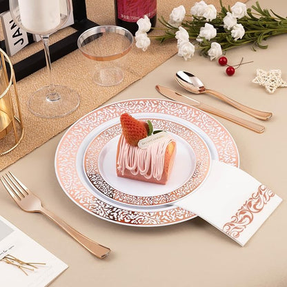 350PCS Rose Gold Plastic Dinnerware Set for 50 Guests, Disposable Plates for Party, Wedding, Include 50 Rose Gold Dinner Plates, 50 Dessert Plates, 50 Set Silverware, 50 Cups, 50 Napkins
