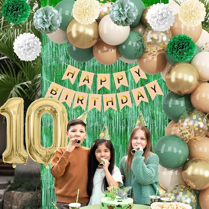 Sage Green 10th Birthday Decorations for Boys Girls Gold Number 10 Balloon Nude Gold Happy Birthday Banner Fringe Curtain Paper Pom Poms Olive Green Cream White Sand Star Foil Balloons Party Decor