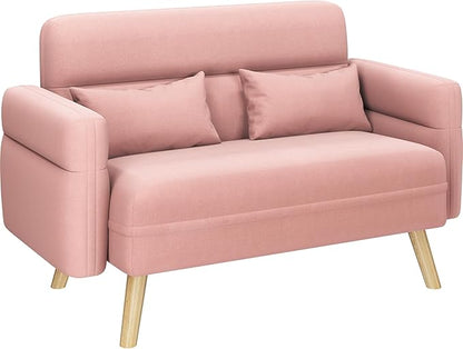 Yaheetech 46" Small Modern Fabric Sofa Loveseat Mid Century 2 Seater Sofa Couch with Lumbar Pillows, Solid Wood Legs for Living Room, Small Space, Dorm, Office, Bedroom, Pink