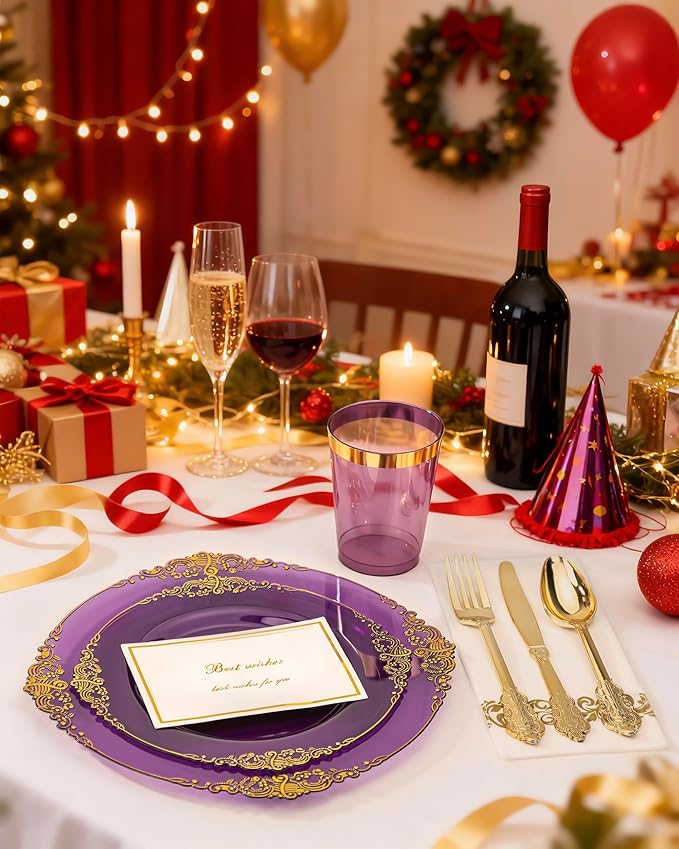 Nervure 350PCS Purple Plastic Plates - Purple Plastic Dinnerware Sets for 50 Guests - 100 Disposable Plates, 150 Gold Silverware, 50 Cups, 50 Napkins for Wedding & Party