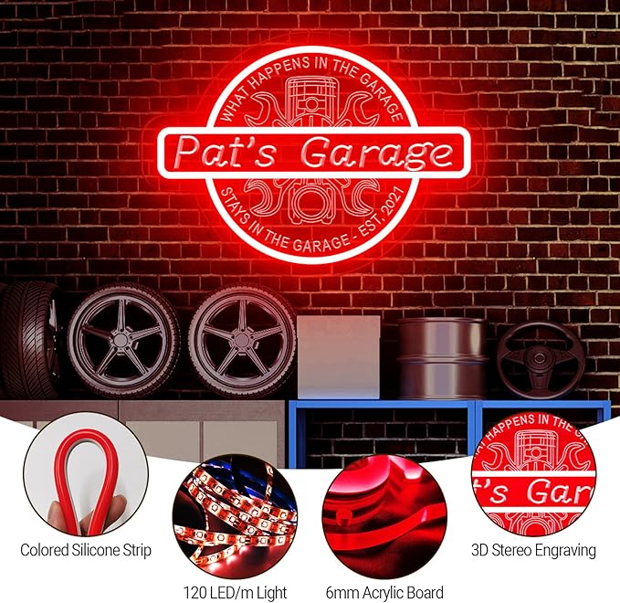 Custom Name Garage LED Neon Sign for Men Dad, Personalized Garage 3D Art Sign, Customizable Workshop Man Cave Acrylic Neon Light for Gift, Garage Light Up Sign for Wall Decor