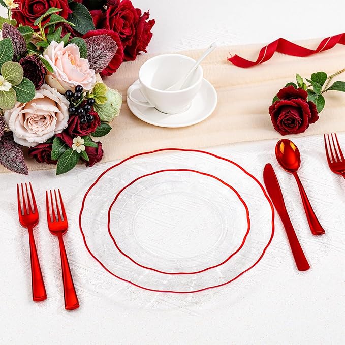 LIYH 350 Pcs Red Plastic Christmas Dinnerware Set for 50 Guests, Disposable Plastic Red Plates for Christmas Day Include: Dinner & Dessert Plates, Napkins, Cups, Silverware for Party Birthday