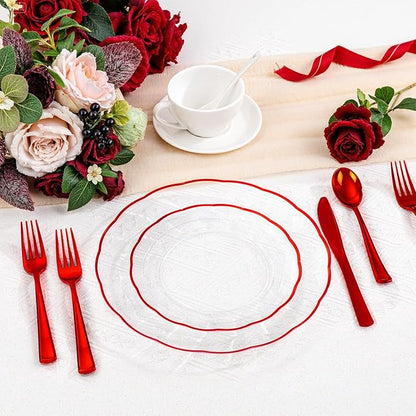 LIYH 350 Pcs Red Plastic Christmas Dinnerware Set for 50 Guests, Disposable Plastic Red Plates for Christmas Day Include: Dinner & Dessert Plates, Napkins, Cups, Silverware for Party Birthday