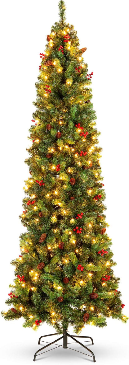 Best Choice Products 9ft Pre-Lit Spruce Pencil Christmas Tree Pre-Decorated for Home, Office, Party, Holiday Decoration w/ 1,298 Tips, 460 Lights, Pine Cones, Metal Hinges & Base - Green
