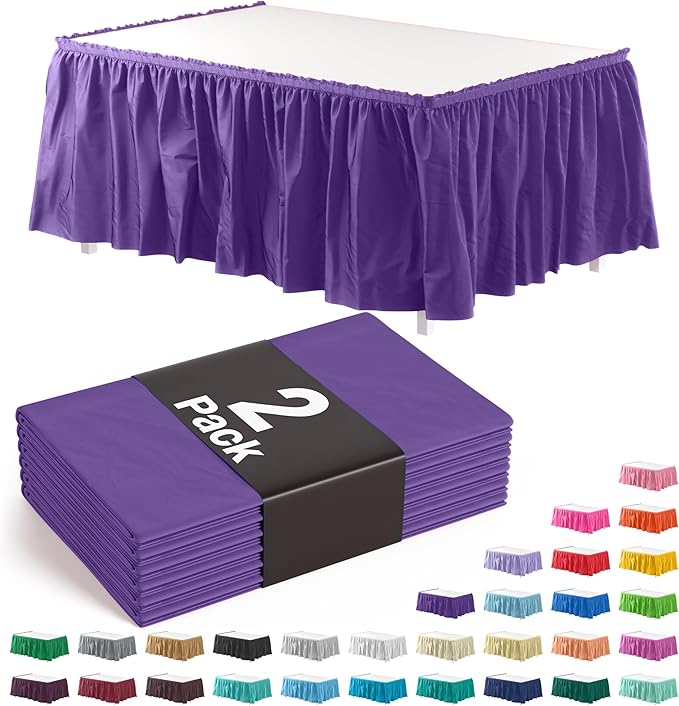 Exquisite Ruffle Table Skirt Purple 2 Pack 14 Ft Long Table Skirts for Rectangle Tables 6ft Plus or Round Tables Skirts with Adhesive Strip for Gender Reveal Decor & Happy Birthday Parties