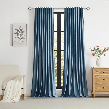 PRIMROSE Velvet Curtains 96 inch Long for Living Room,Set of 2 Panels Stone Grayish Blue Blackout Rod Pocket Back Tab Window Treatment Room Darkening Heavy Decorative Curtains Drapes for Bedroom