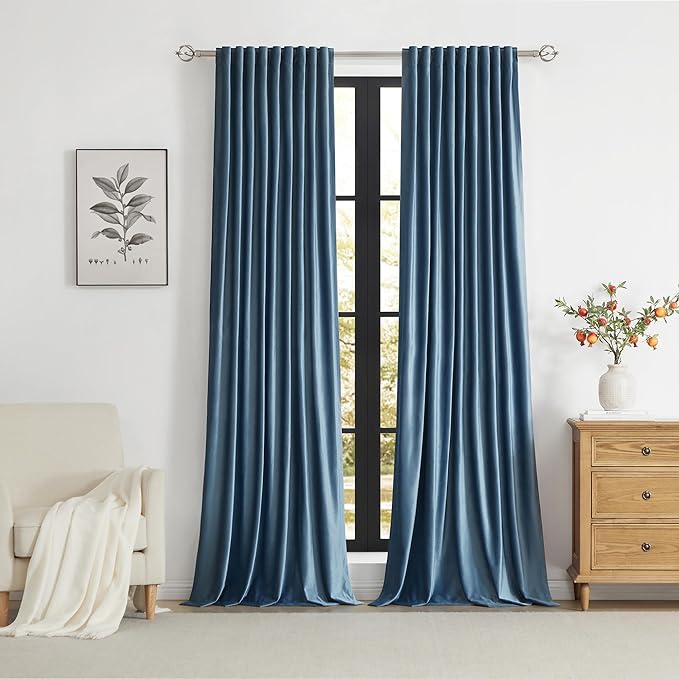 PRIMROSE Velvet Curtains 108 inch Long for Living Room,Set of 2 Panels Stone Grayish Blue Blackout Rod Pocket Back Tab Window Treatment Room Darkening Heavy Decorative Curtains Drapes for Bedroom