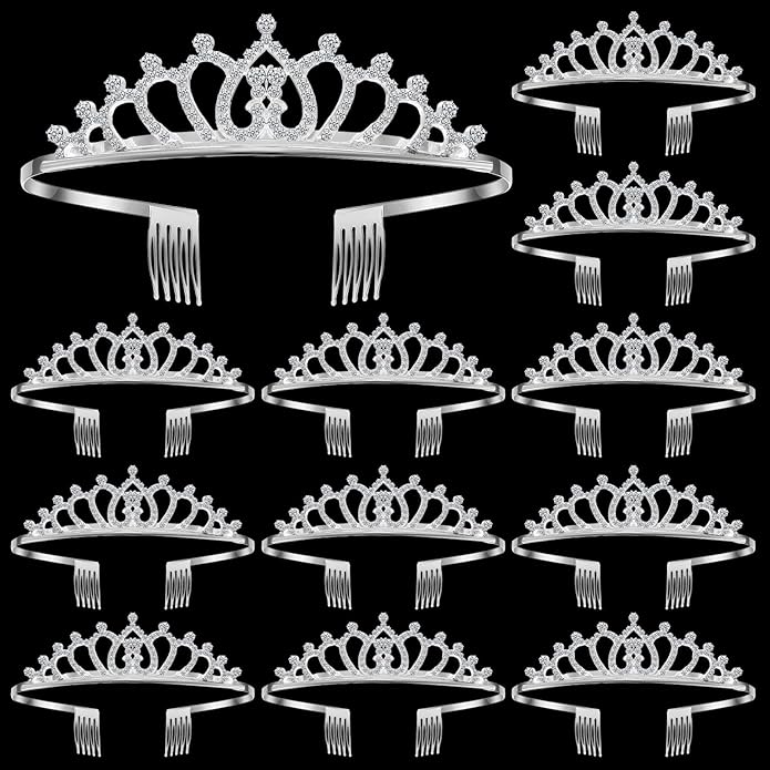 Remuuly 12 Pcs Princess Tiara for Women Silver Queen Tiara Rhinestone Hair Accessories, Princess Headbands Bulk for Bridal Wedding Birthday Prom Christmas Party, with Comb