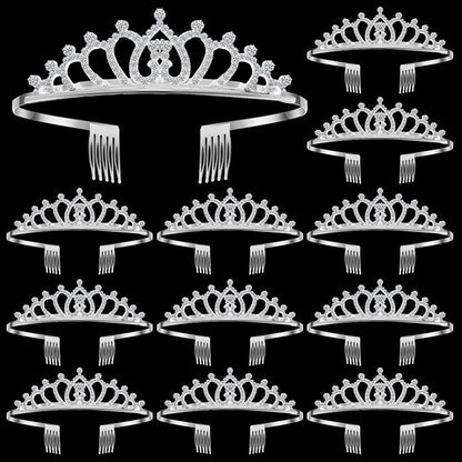 Remuuly 12 Pcs Princess Tiara for Women Silver Queen Tiara Rhinestone Hair Accessories, Princess Headbands Bulk for Bridal Wedding Birthday Prom Christmas Party, with Comb