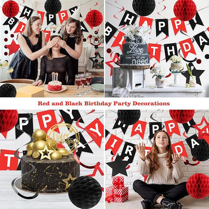 meowtastic Birthday Decorations, Happy Birthday Banner with Honeycomb Balls, Star Hanging Swirl Streamers, Circle Dots Garland, Happy Birthday Party Decorations for Women Men Boys Girls (Red & Black)