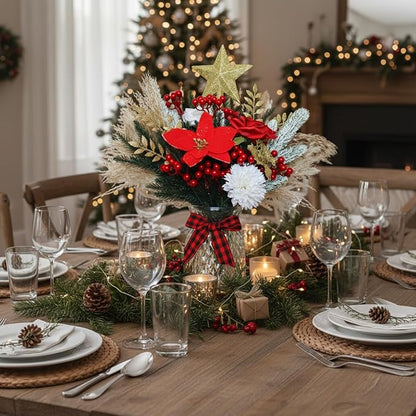 Christmas Centerpieces for Tables, Holiday Table Decor, 100pcs Christmas Floral Arrangements In Vase, Xmas Decorations For Coffee Kitchen Dining Table, Artificial Poinsettia Red Berry Pine Branches
