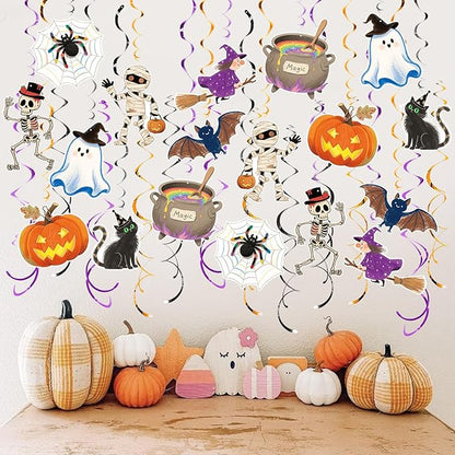 Halloween Hanging Party Decorations, 48 Pcs,Ceiling Decor Indoor Swirl Witches Cauldron Ghost Pumpkin Skull Cat Witch Party Supplies Sign,Black Purple Orange