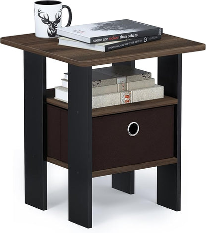 Furinno Andrey Set of 2 End Table / Side Table / Night Stand / Bedside Table with Bin Drawer, Columbia Walnut/Dark Brown