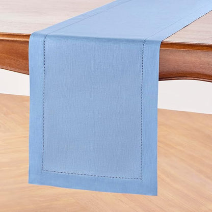 Solino Home Linen Cornflower Blue Hemstitch Table Runner 48 Inches - 100% Pure Linen Table Runner 14 x 48 Inch Ideal for Dresser and Coffee Tables - Classic Hemstitch - Christmas, Holiday, New Year