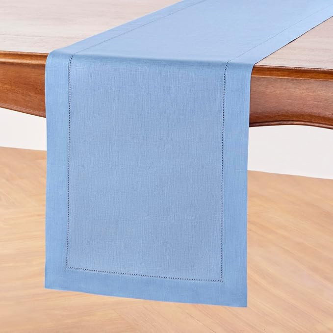 Solino Home Linen Cornflower Blue Hemstitch Table Runner 60 Inches - 100% Pure Linen Table Runner 14 x 60 Inch Ideal for Dresser and Coffee Tables - Classic Hemstitch - Christmas, Holiday, New Year