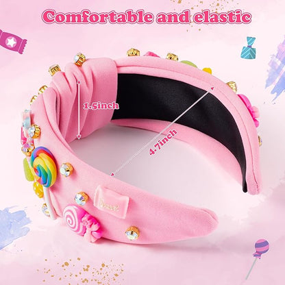 PANTIDE Candy Jeweled Knotted Headband - Christmas Rainbow Lollipop Rhinestone Embellished Preppy Headband Non Slip Wide Top Knot Hairband Hair Accessories Birthday Gift for Women Girls (Pink)