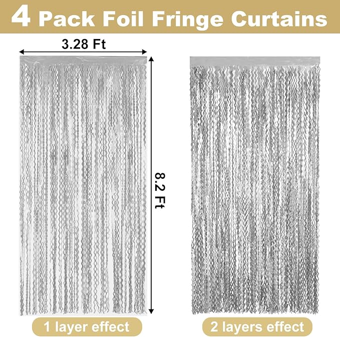 4 Pack Silver Fringe Curtain Backdrop 3.2Ft x 8.2Ft Metallic Tinsel Foil Fringe Streamers Background for Photo Booth Mother's Day, Easter, Carnival, Birthday, Wedding Party Decoration
